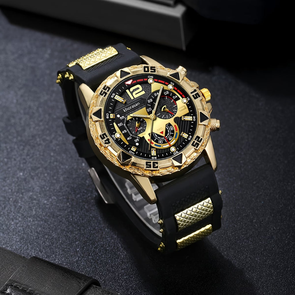 Luxus Herren-Set – Uhr, Löwenkette & Armband (Gold/Schwarz).