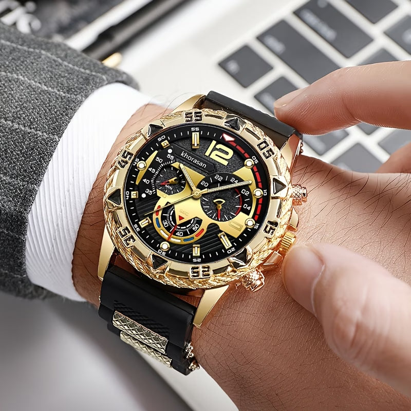 Luxus Herren-Set – Uhr, Löwenkette & Armband (Gold/Schwarz).