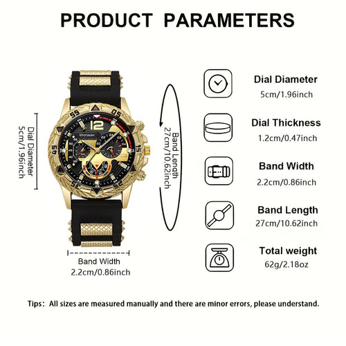 Luxus Herren-Set – Uhr, Löwenkette & Armband (Gold/Schwarz).