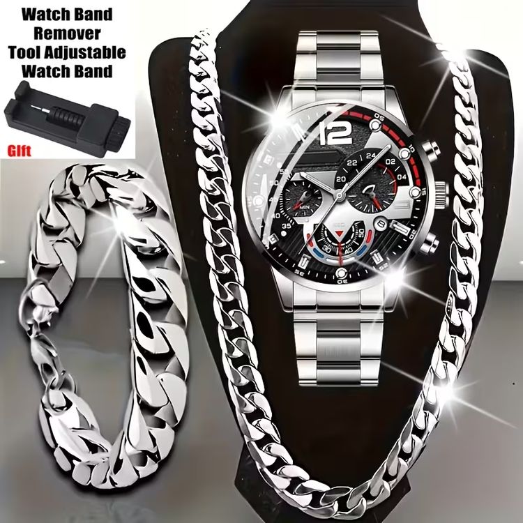 Elegantes Herren-Schmuckset mit Armbanduhr – Silber